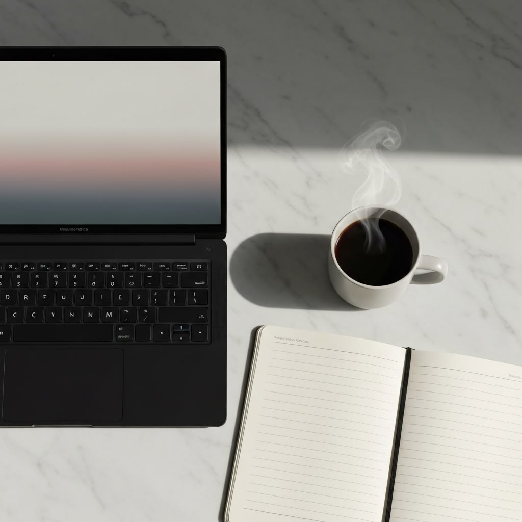 Open workbook with evening planning sections beside a ceramic mug